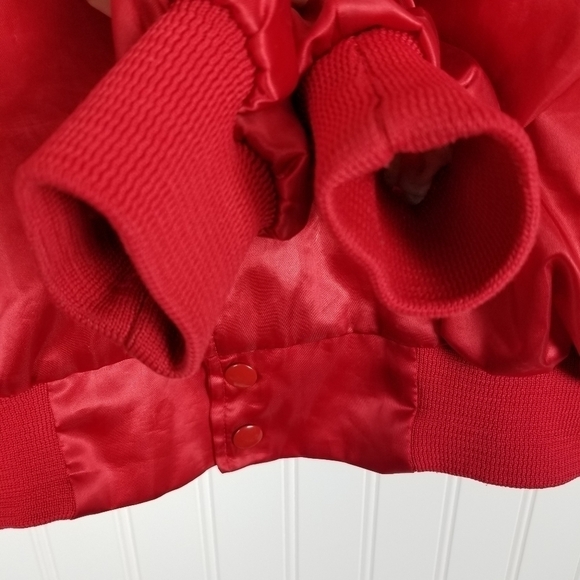 Vintage USA Satin Jacket Bomber GE Factory of The Future Embroidered Snap Red L - Picture 12 of 13